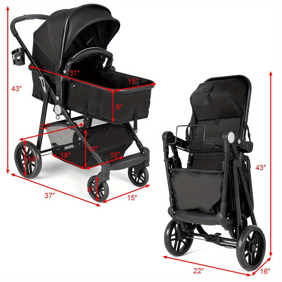 Christmas Multigot 2 in 1 Foldable Baby Stroller Kids Travel Newborn Infant Buggy Pushchair Black
