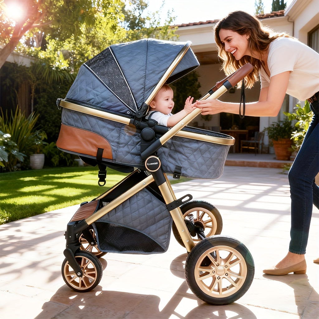 Cochildor Foldable Baby Stroller, Shock Absorption & All-Terrain Tires, Reversible Forward-Facing Push Adjustable Handlebar Large Sun Canopy Storage Basket, Lightweight Durable Polyester Frame, for Travel Shopping Park, Grey\u002FBlue\u002FBlack