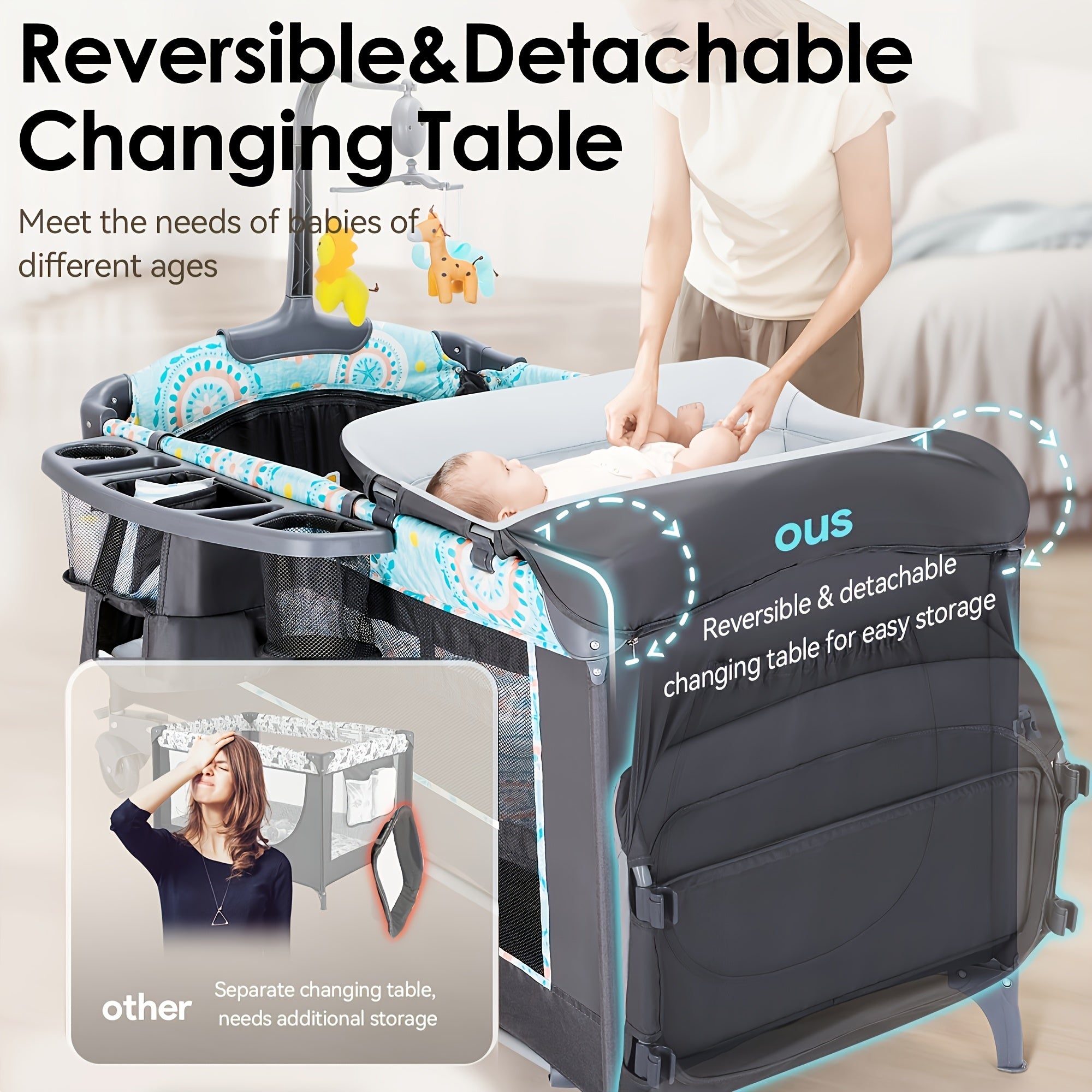 The 5-in-1 Portable Baby Bassinet With Side Bed Features A Detachable Changing Table, Mattress, Storage Shelf, Music Player, And Three Height Settings, Providing A Spacious Playpen For Baby. A Great Birthday Gift.Approx. 29.1 Lbs (max Rec. 19 Lbs)