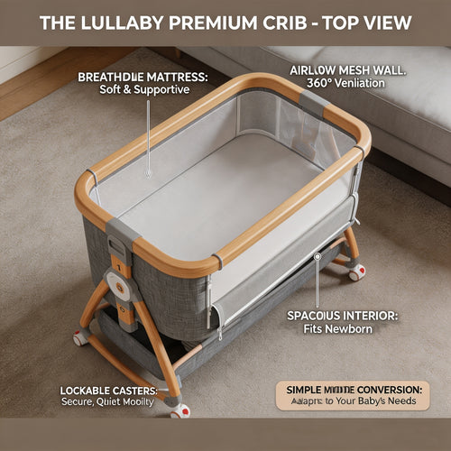 4-in-1 Foldable Baby Bedside Crib with Adjustable Height & Storage Shelf - Portable Bedside Sleeper Suitable for Newborn, Bed, Compact Foldable with Wheels, Assembly, Fabric Frame and Oak for Small Spaces