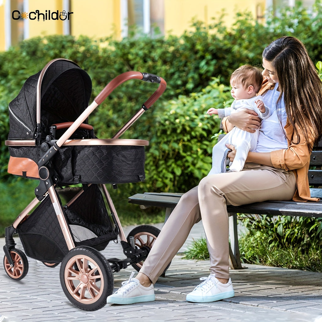 Cochildor Foldable Baby Stroller, Shock Absorption & All-Terrain Tires, Reversible Forward-Facing Push Adjustable Handlebar Large Sun Canopy Storage Basket, Lightweight Durable Polyester Frame, for Travel Shopping Park, Grey\u002FBlue\u002FBlack
