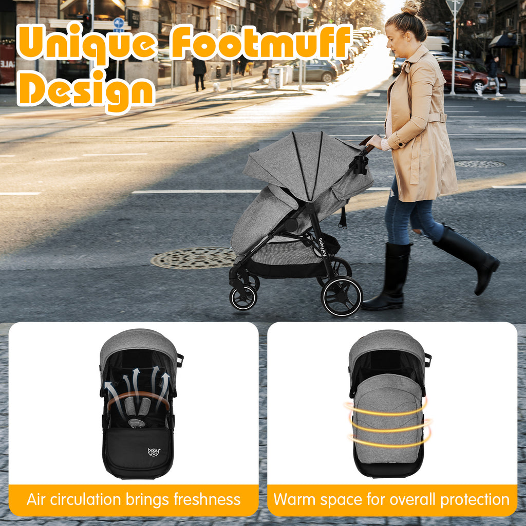 COSTWAY Babyjoy High Landscape Baby Stroller Pushchair w\u002F Footmuff & Expandable Canopy - 5-Point Safety Harness, Adjustable Backrest & Ergonomic Handlebar, Frame, Shock-Absorbing Wheels, Compact Fold, Gray