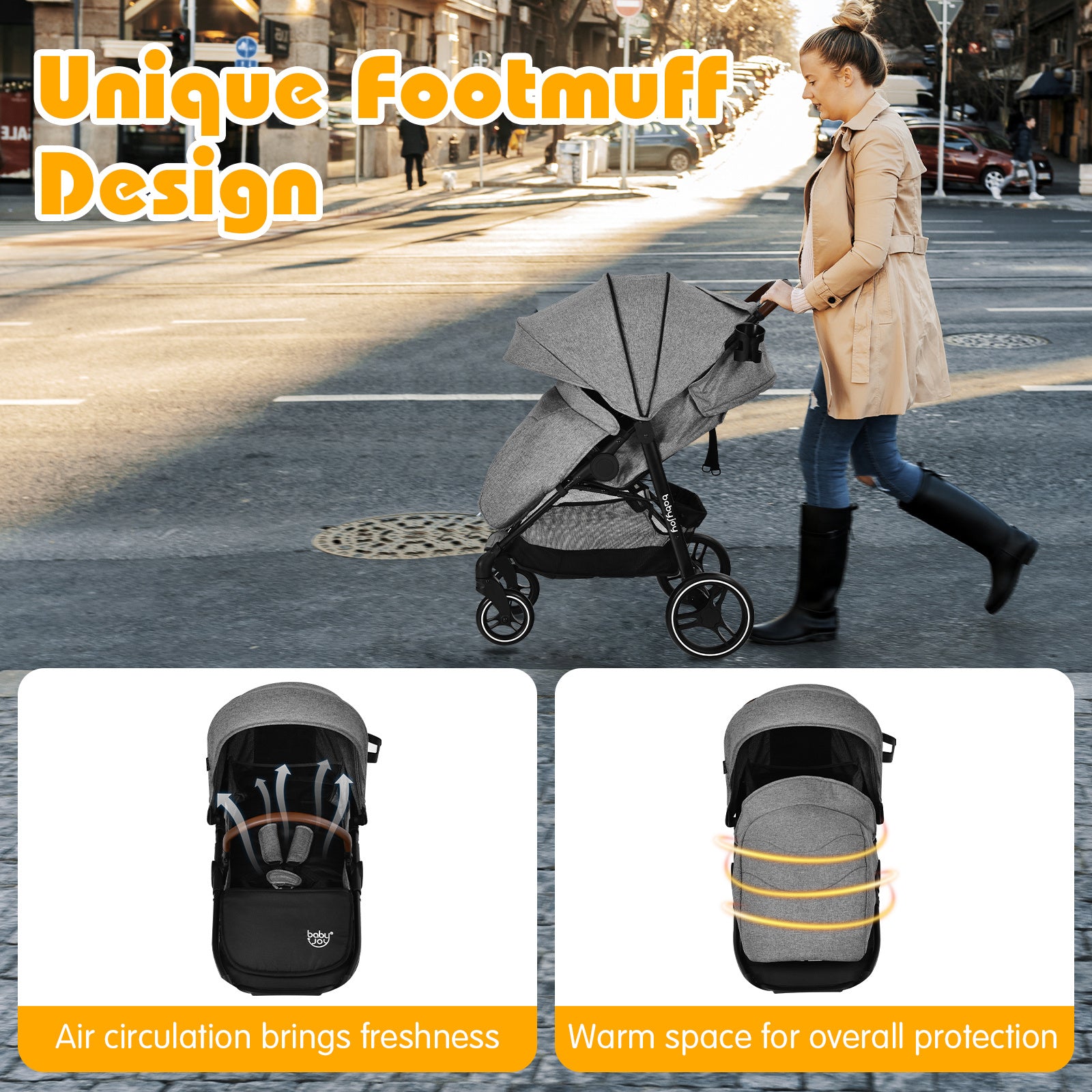 COSTWAY Babyjoy High Landscape Baby Stroller Pushchair w\u002F Footmuff & Expandable Canopy - 5-Point Safety Harness, Adjustable Backrest & Ergonomic Handlebar, Frame, Shock-Absorbing Wheels, Compact Fold, Gray
