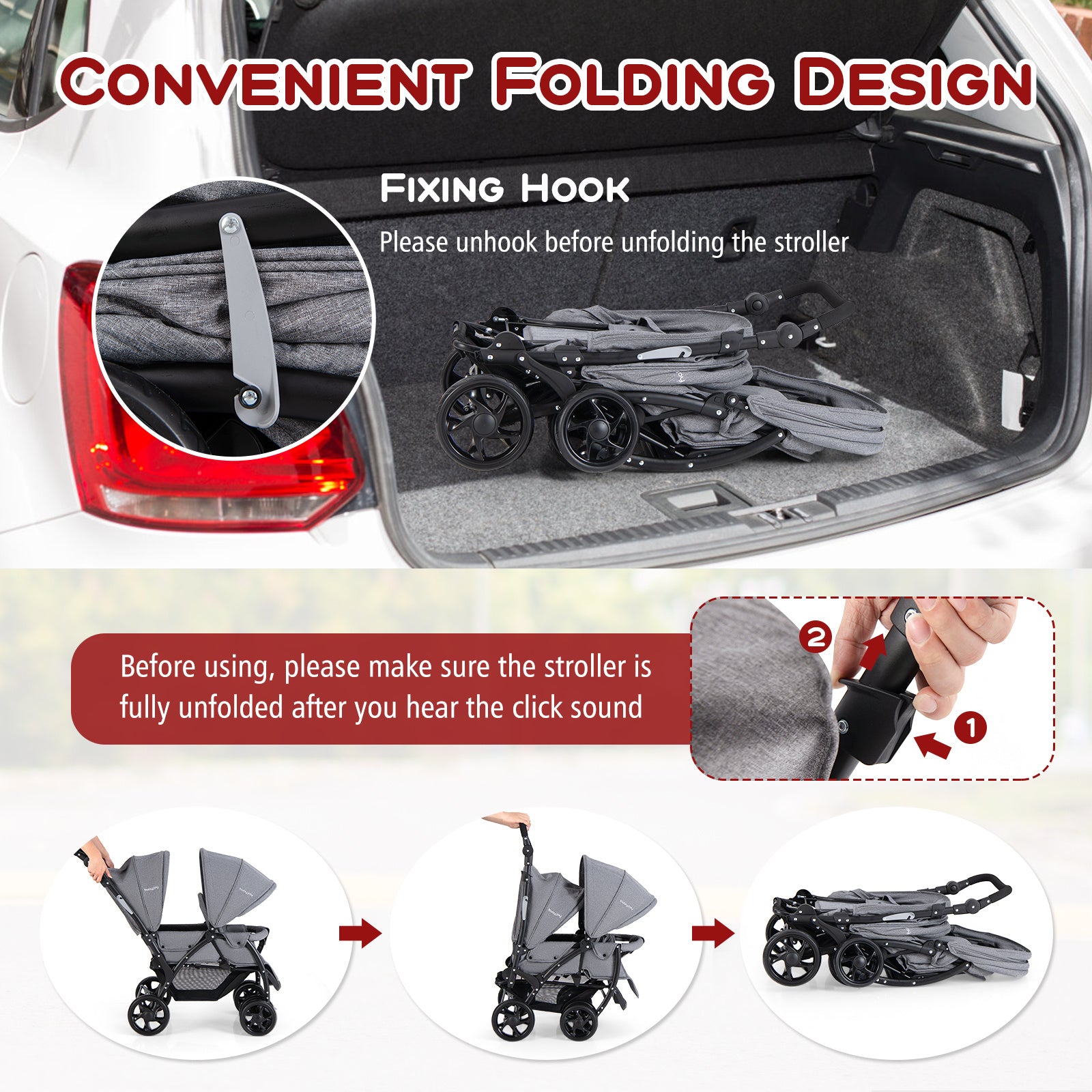 COSTWAY Foldable Double Stroller, Portable Tandem Stroller w\u002F Adjustable Backrest, Canopy, Handle & Footrest, 5-Point Safety Belt, Compact Travel Twin Stroller w\u002F Lockable Wheels.