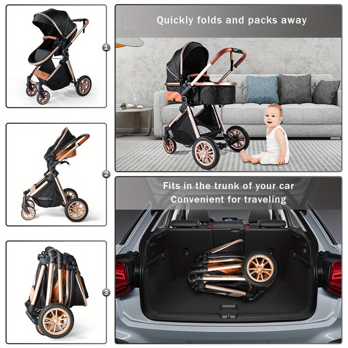Cochildor Foldable Baby Stroller, Shock Absorption & All-Terrain Tires, Reversible Forward-Facing Push Adjustable Handlebar Large Sun Canopy Storage Basket, Lightweight Durable Polyester Frame, for Travel Shopping Park, Grey\u002FBlue\u002FBlack