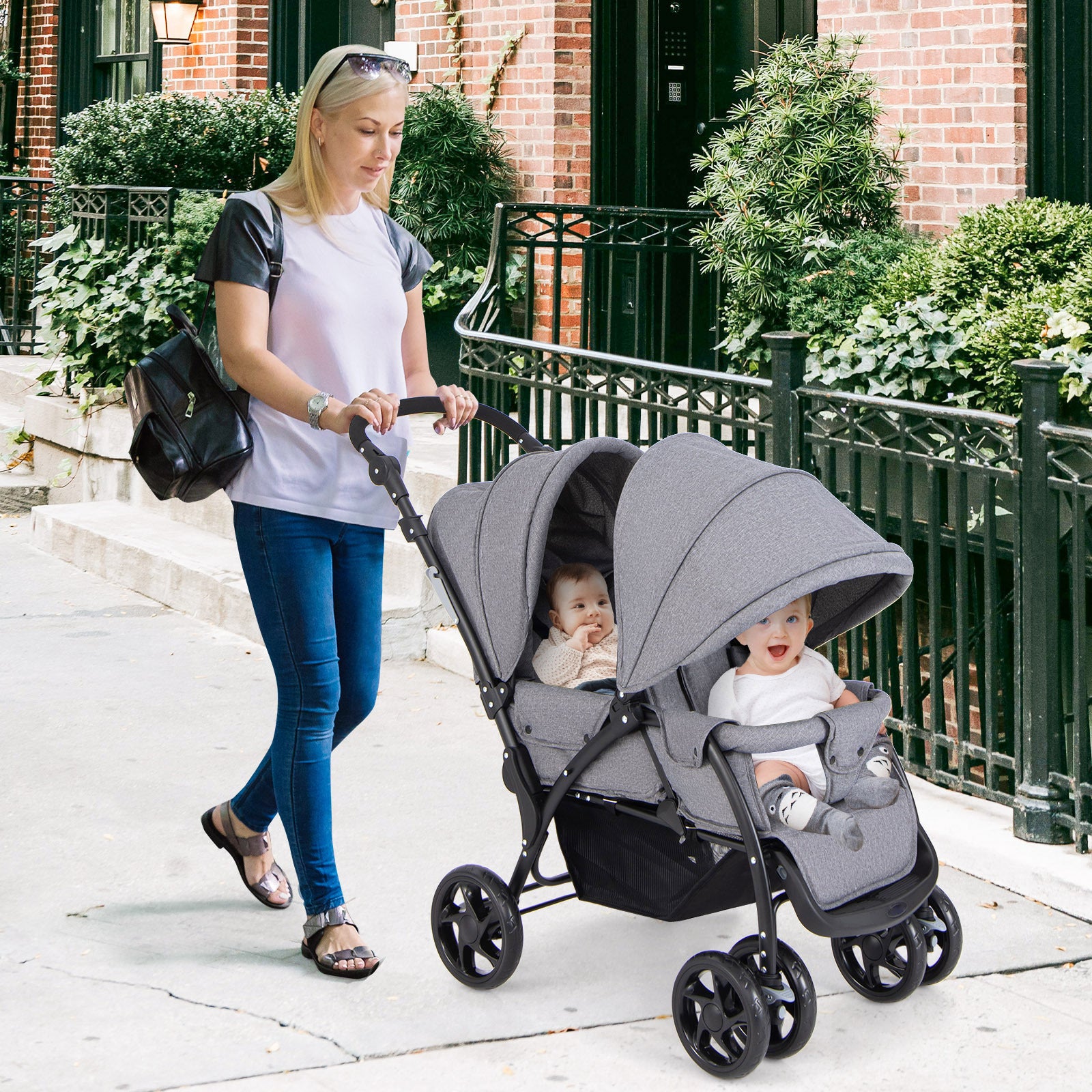 COSTWAY Foldable Double Stroller, Portable Tandem Stroller w\u002F Adjustable Backrest, Canopy, Handle & Footrest, 5-Point Safety Belt, Compact Travel Twin Stroller w\u002F Lockable Wheels.