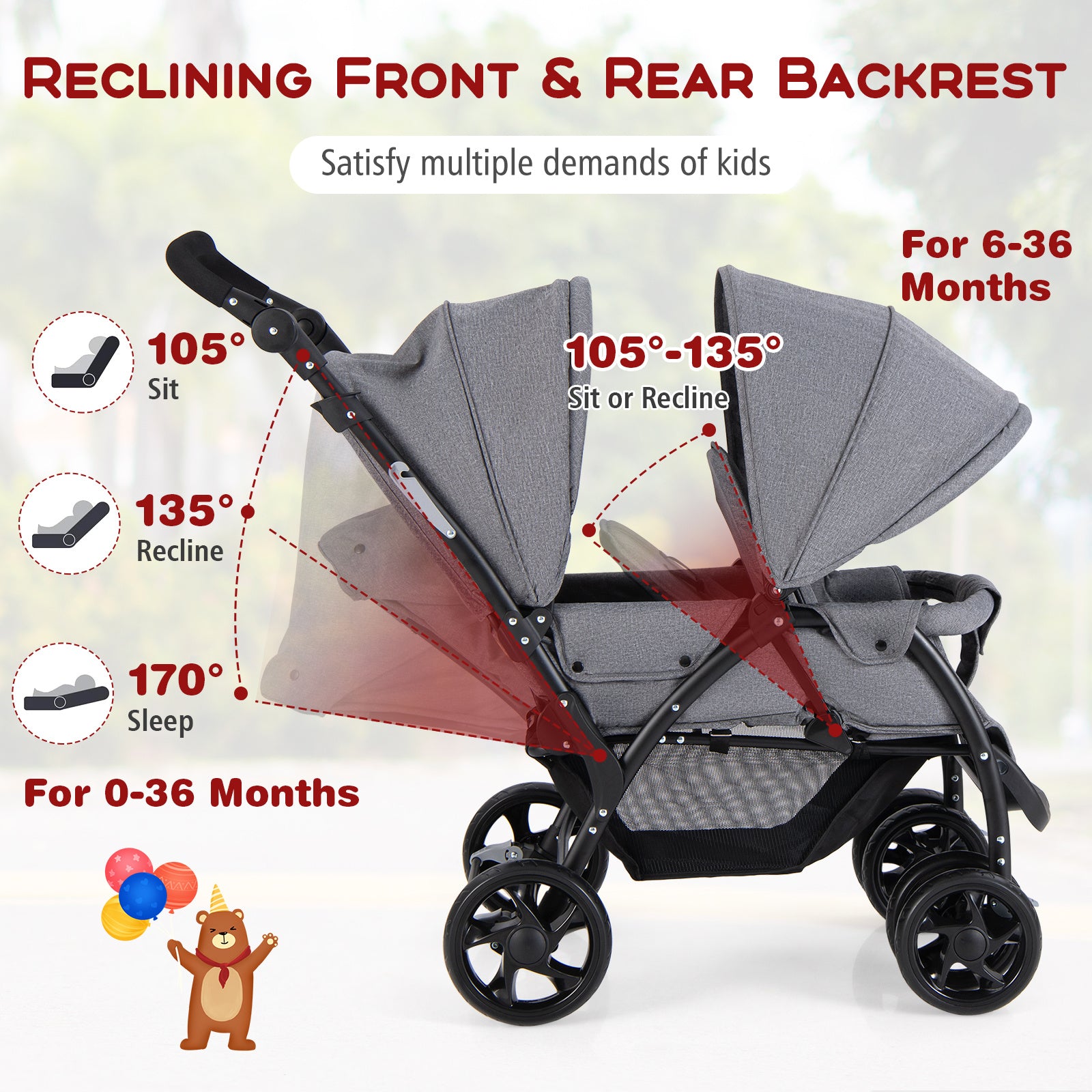 COSTWAY Foldable Double Stroller, Portable Tandem Stroller w\u002F Adjustable Backrest, Canopy, Handle & Footrest, 5-Point Safety Belt, Compact Travel Twin Stroller w\u002F Lockable Wheels.