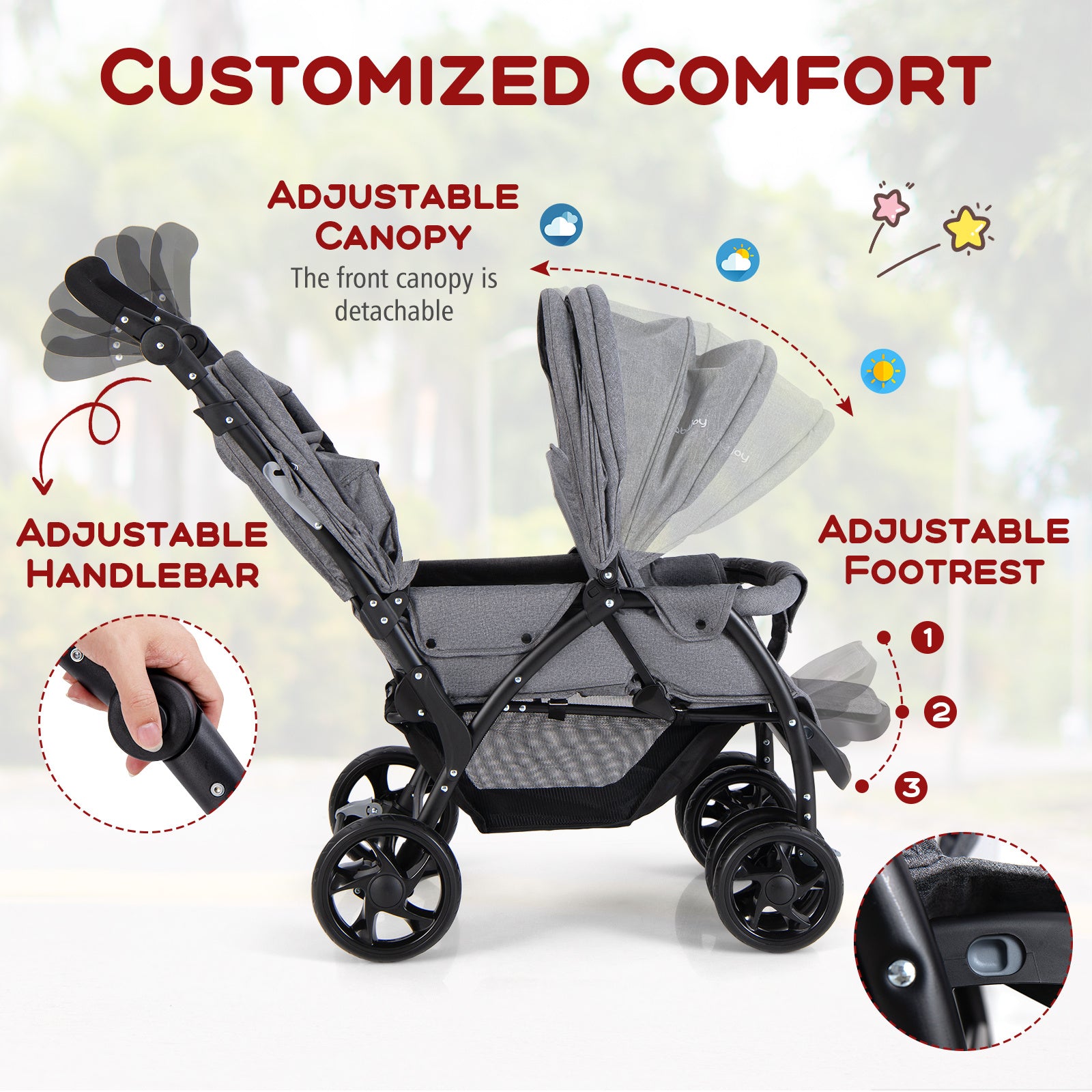 COSTWAY Foldable Double Stroller, Portable Tandem Stroller w\u002F Adjustable Backrest, Canopy, Handle & Footrest, 5-Point Safety Belt, Compact Travel Twin Stroller w\u002F Lockable Wheels.