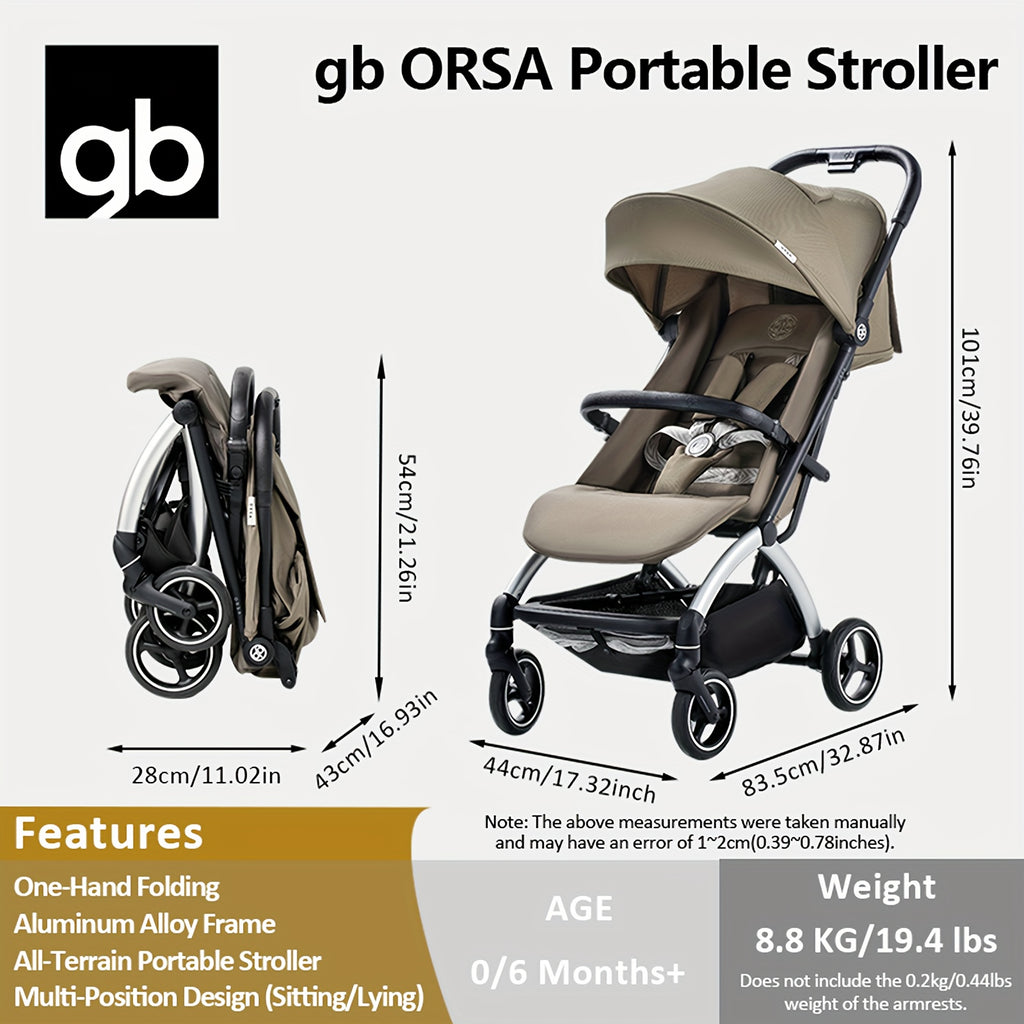 gb ORSA Stroller | Lightweight, One-Hand Folding, Reclining Seating, All-Terrain Shock Absorbers, Linked Braking System, 5-Point Safety Harness, Adjustable Footrest, Extra-Large Canopy, Aluminum Frame, Travel-Friendly, Spacious Storage Basket