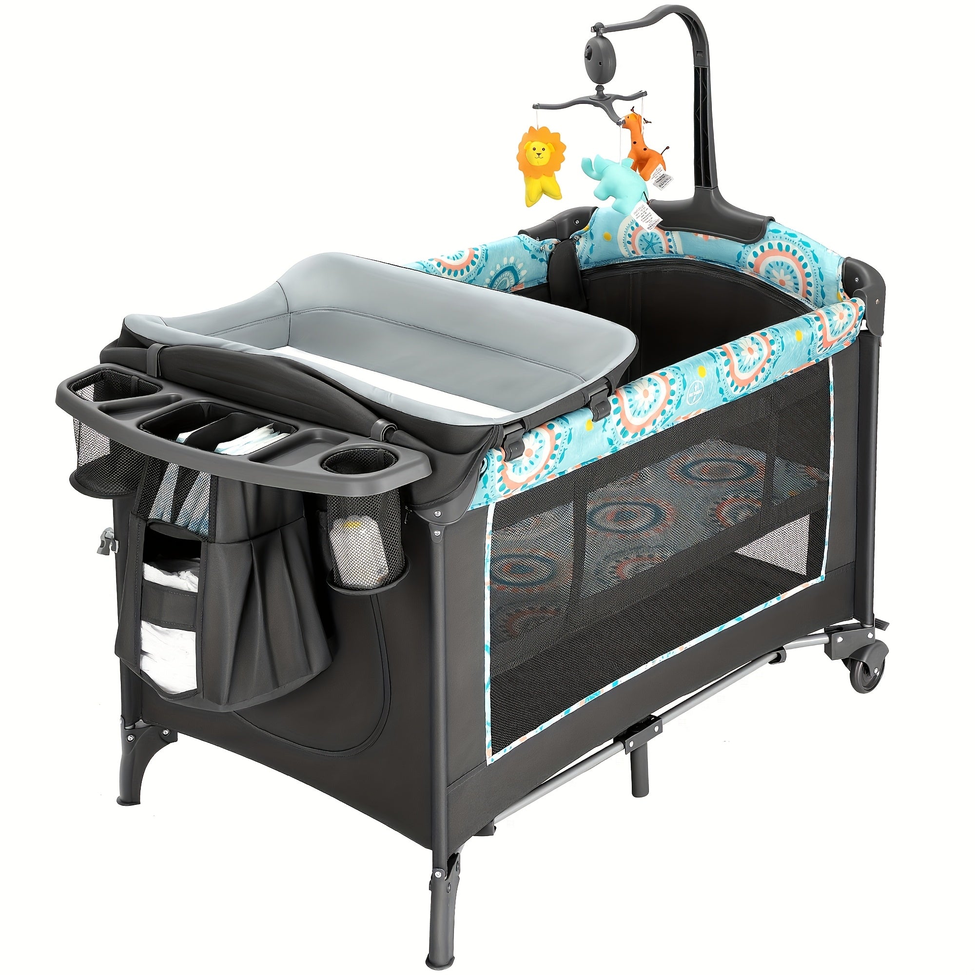 The 5-in-1 Portable Baby Bassinet With Side Bed Features A Detachable Changing Table, Mattress, Storage Shelf, Music Player, And Three Height Settings, Providing A Spacious Playpen For Baby. A Great Birthday Gift.Approx. 29.1 Lbs (max Rec. 19 Lbs)
