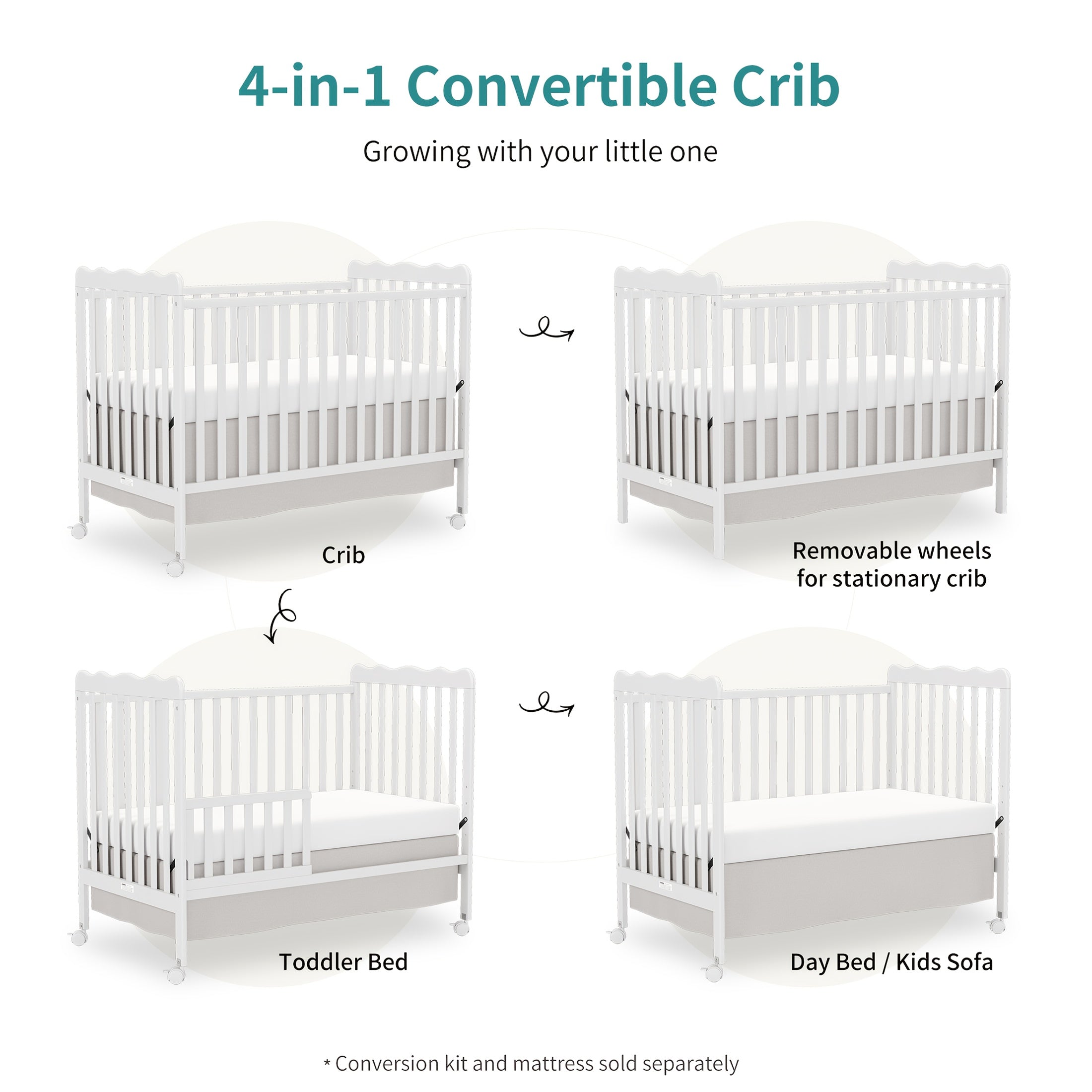 Goldzone 4in 1 Convertible Baby Crib, Wooden Baby Stuffs Converts Into Toddler Bed, Daybed, Newborn Essential with 3 Adjustable Base, Nursery Decor Necessities with Wheel & Non-Toxic Finishes, Item Weight: 36lbs, Maximum Weight Recommendation: 50lbs