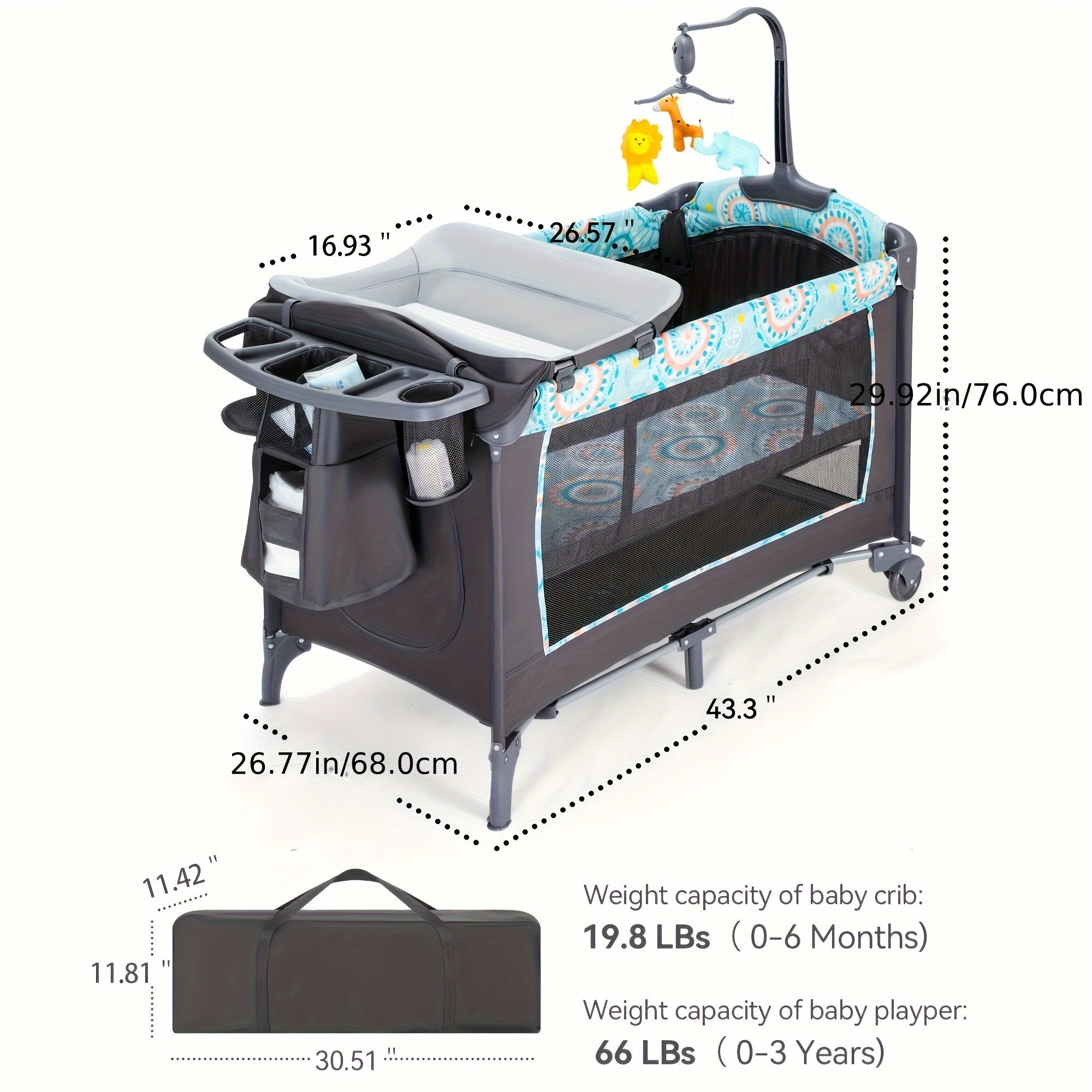 The 5-in-1 Portable Baby Bassinet With Side Bed Features A Detachable Changing Table, Mattress, Storage Shelf, Music Player, And Three Height Settings, Providing A Spacious Playpen For Baby. A Great Birthday Gift.Approx. 29.1 Lbs (max Rec. 19 Lbs)