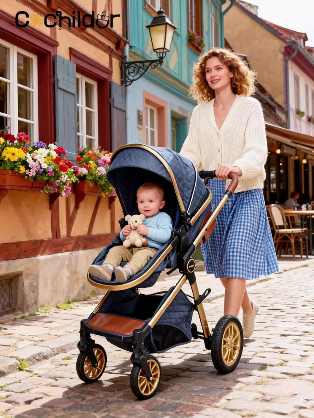 Cochildor Foldable Baby Stroller, Shock Absorption & All-Terrain Tires, Reversible Forward-Facing Push Adjustable Handlebar Large Sun Canopy Storage Basket, Lightweight Durable Polyester Frame, for Travel Shopping Park, Grey\u002FBlue\u002FBlack